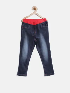 Girls Blue Denim Jeans With Red Waistband