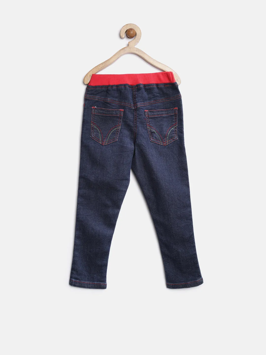 Girls Blue Denim Jeans With Red Waistband