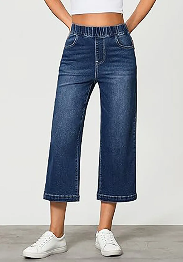 GRAPENT Brief Capri Denim Durable Pocket Regular Wide Leg Women Pants