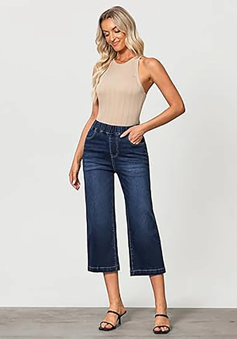 GRAPENT Brief Capri Denim Durable Pocket Regular Wide Leg Women Pants