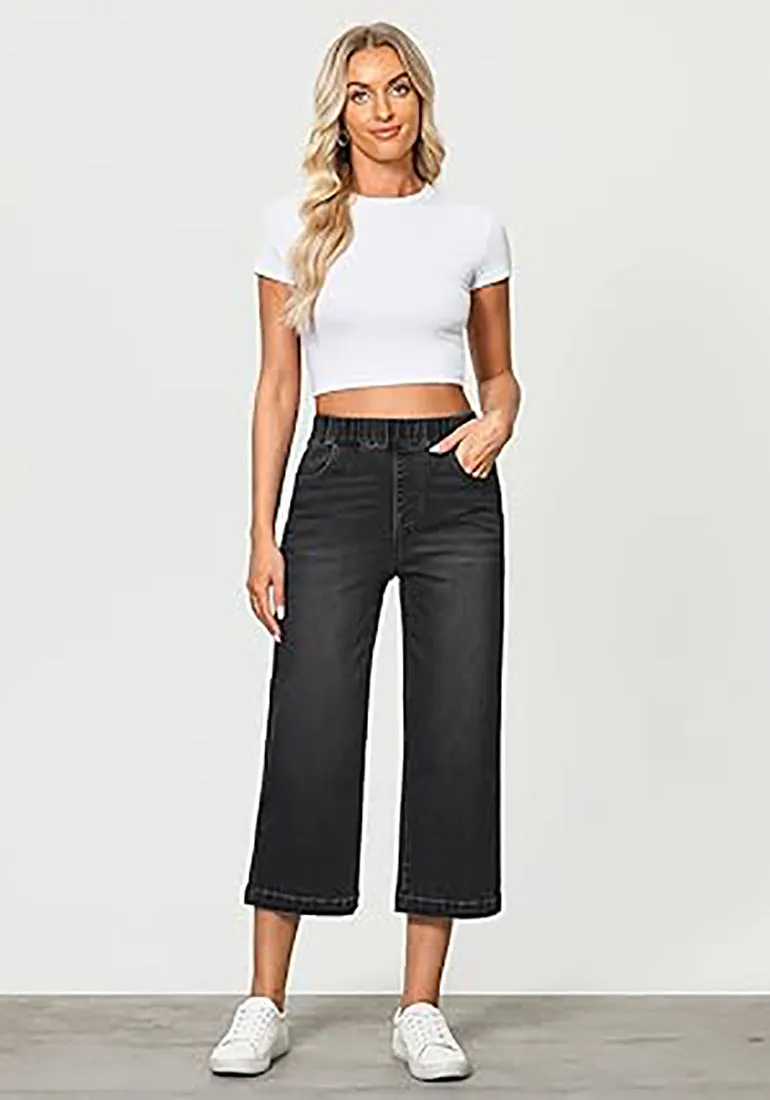GRAPENT Brief Capri Denim Durable Pocket Regular Wide Leg Women Pants