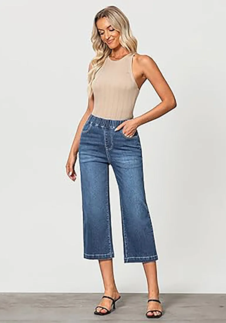 GRAPENT Brief Capri Denim Durable Pocket Regular Wide Leg Women Pants
