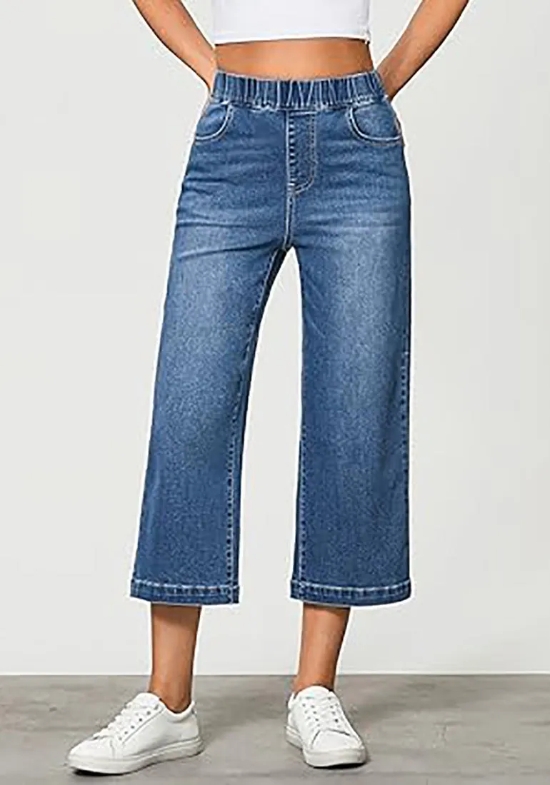 GRAPENT Brief Capri Denim Durable Pocket Regular Wide Leg Women Pants