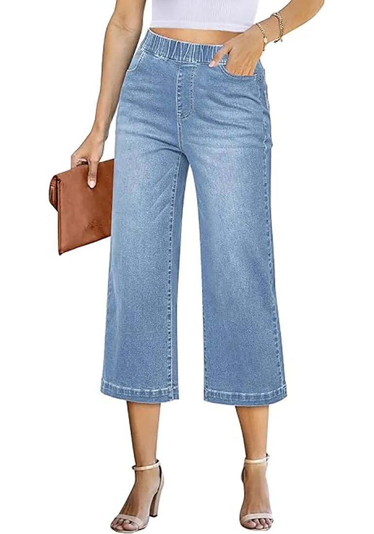 GRAPENT Brief Capri Denim Durable Pocket Regular Wide Leg Women Pants