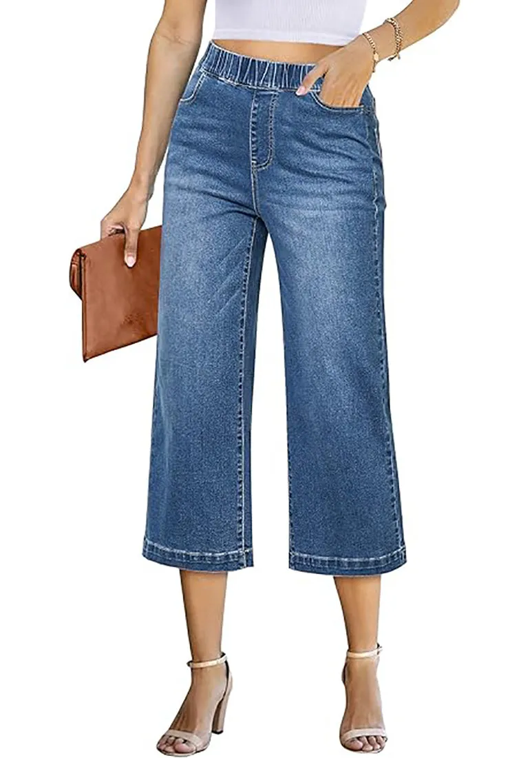 GRAPENT Brief Capri Denim Durable Pocket Regular Wide Leg Women Pants