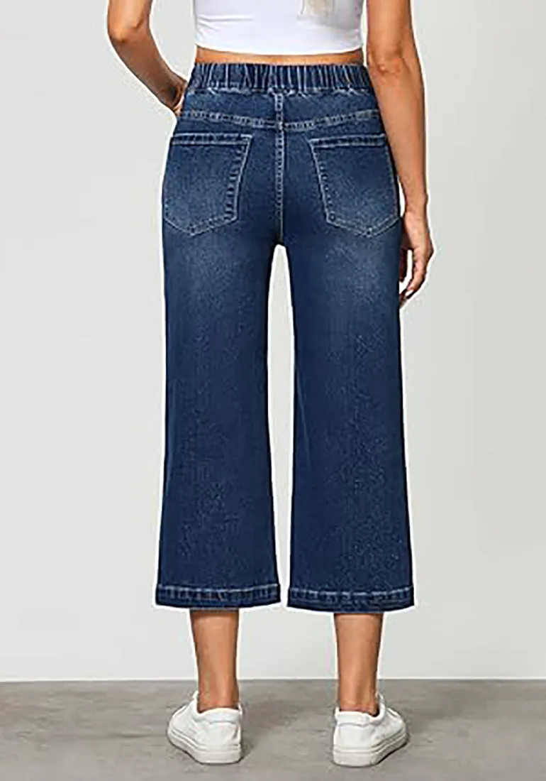 GRAPENT Brief Capri Denim Durable Pocket Regular Wide Leg Women Pants