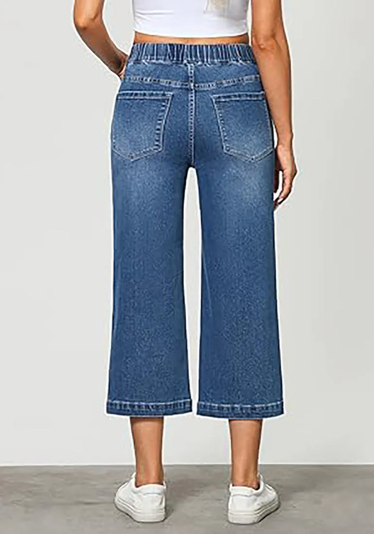 GRAPENT Brief Capri Denim Durable Pocket Regular Wide Leg Women Pants