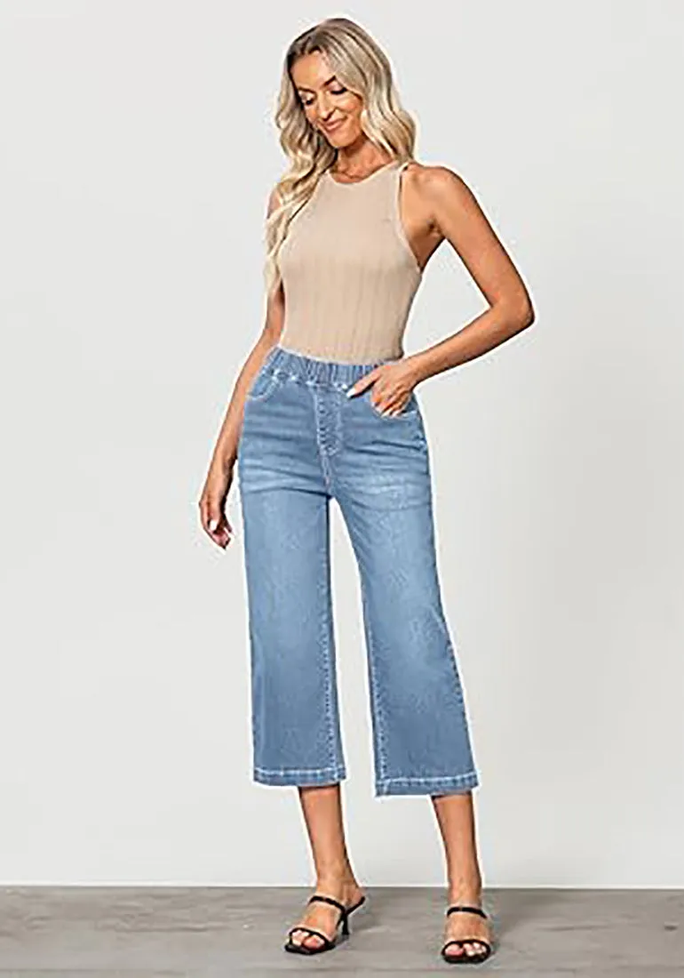 GRAPENT Brief Capri Denim Durable Pocket Regular Wide Leg Women Pants