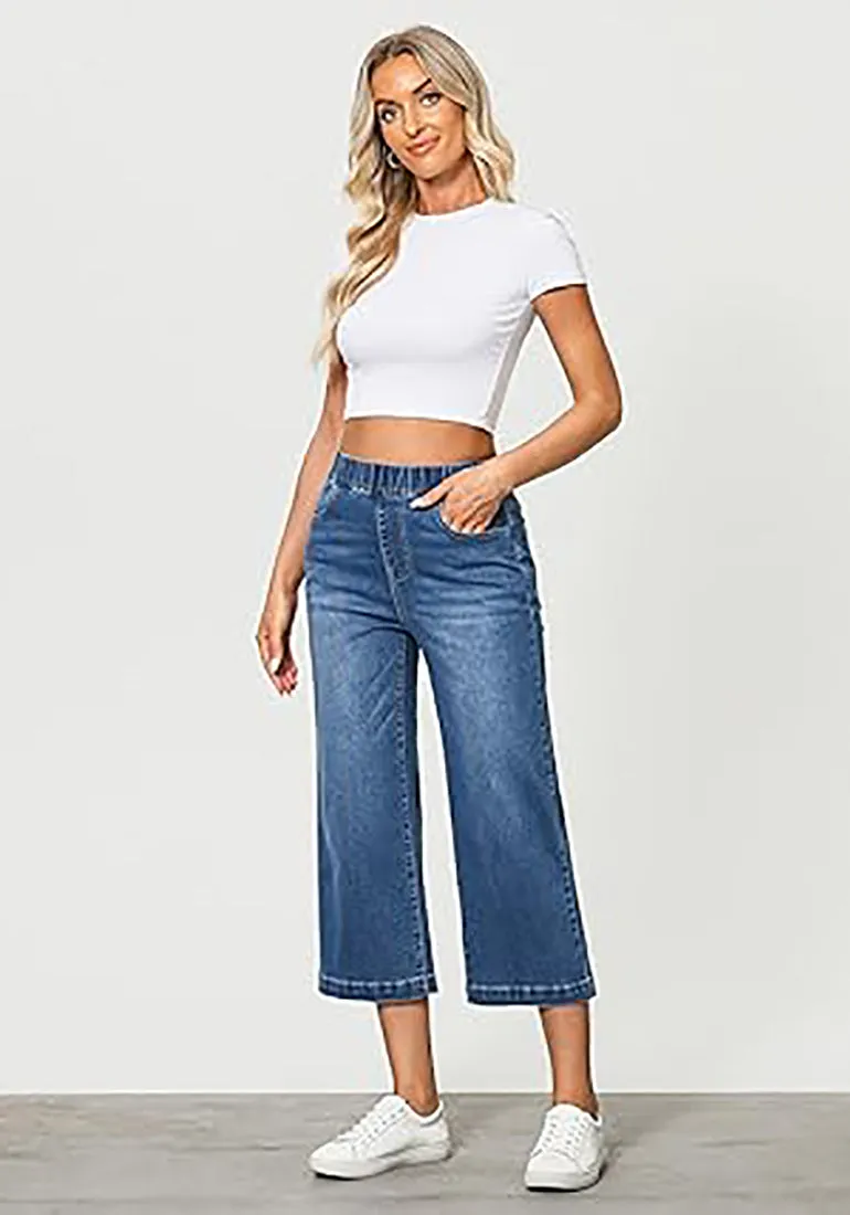 GRAPENT Brief Capri Denim Durable Pocket Regular Wide Leg Women Pants