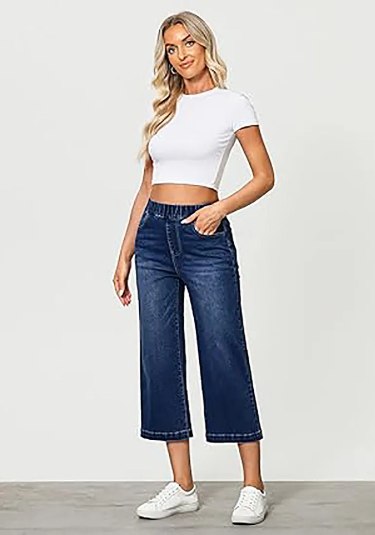 GRAPENT Brief Capri Denim Durable Pocket Regular Wide Leg Women Pants