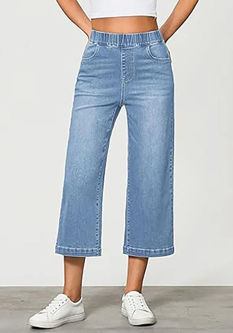 GRAPENT Brief Capri Denim Durable Pocket Regular Wide Leg Women Pants