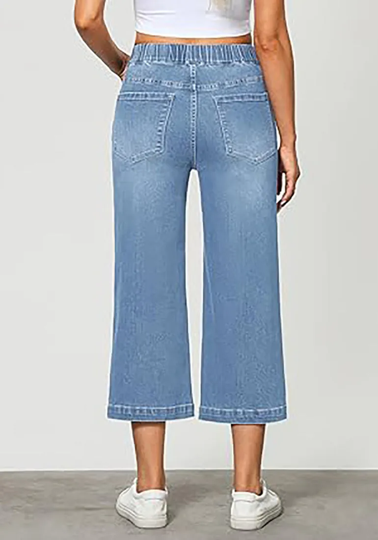 GRAPENT Brief Capri Denim Durable Pocket Regular Wide Leg Women Pants