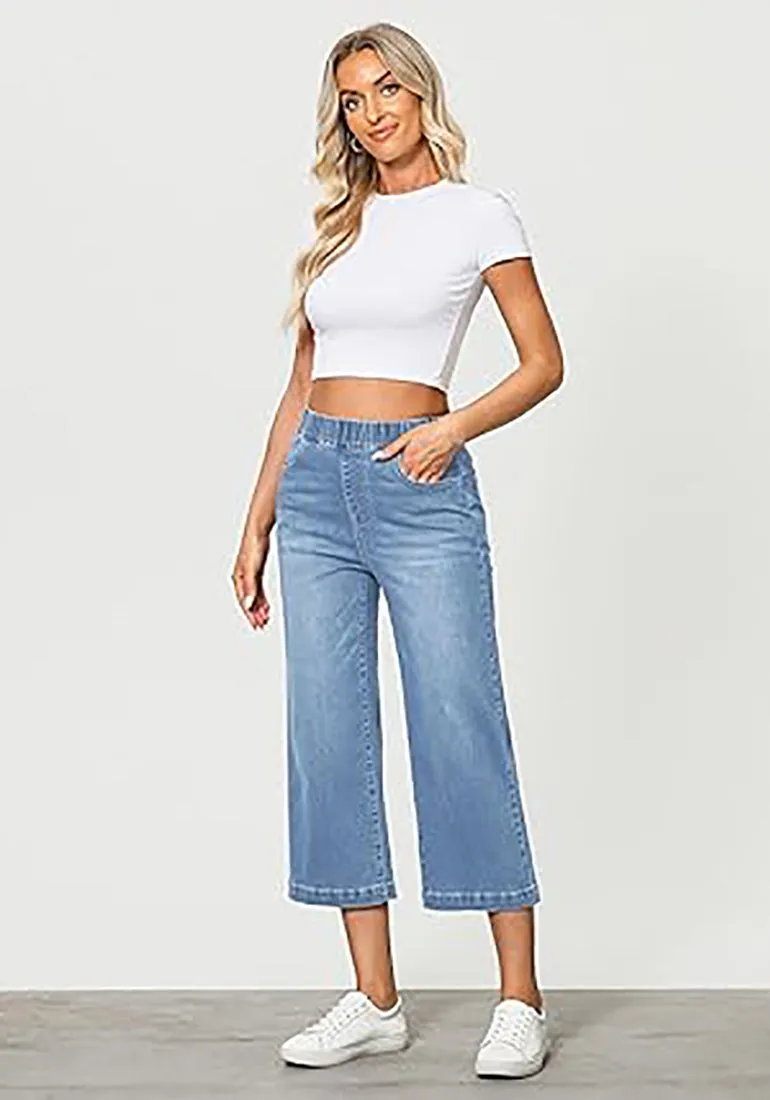 GRAPENT Brief Capri Denim Durable Pocket Regular Wide Leg Women Pants