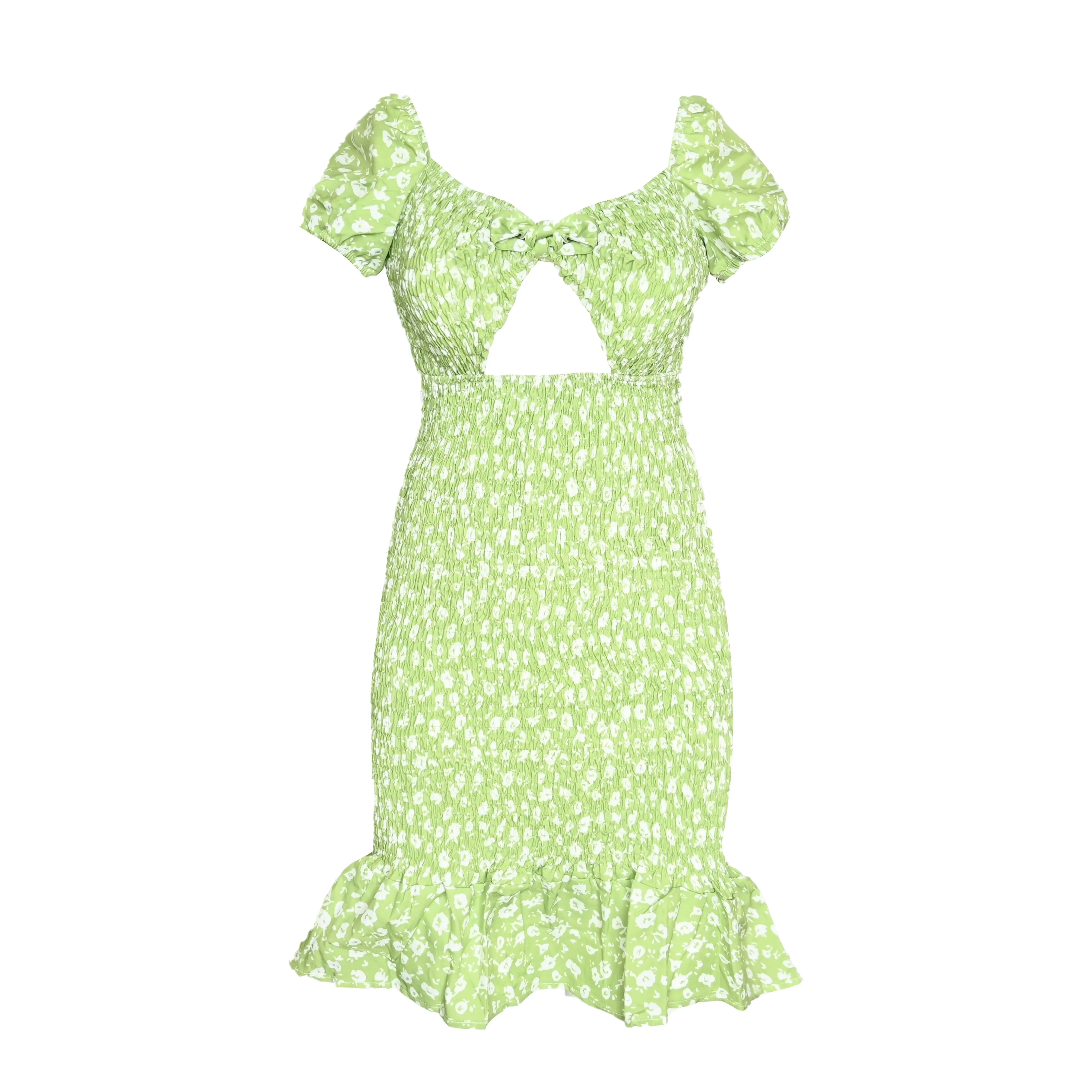 Green Floral Print Cut-out Midi Dress