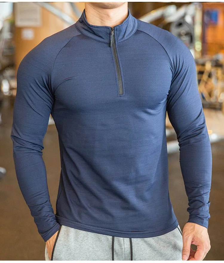 High Quality Active Wear Quater Zip Up Sweatshirts Running Men's T-shirts Workout Sportswear Long Sleeve Tight Gym T Shirt