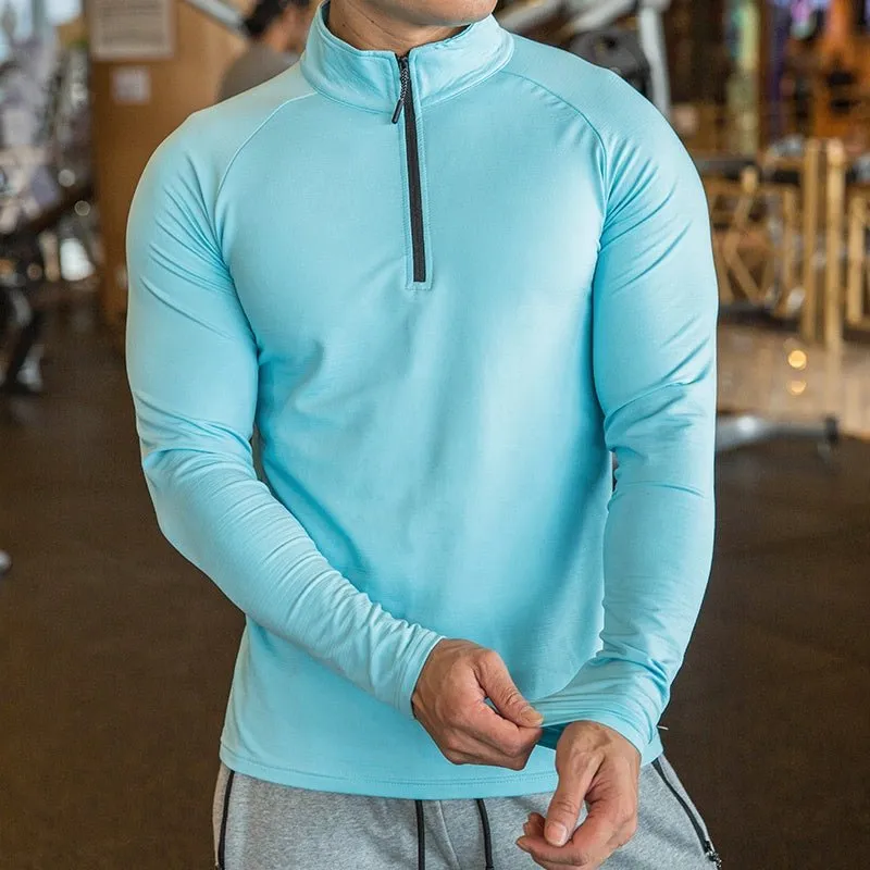 High Quality Active Wear Quater Zip Up Sweatshirts Running Men's T-shirts Workout Sportswear Long Sleeve Tight Gym T Shirt