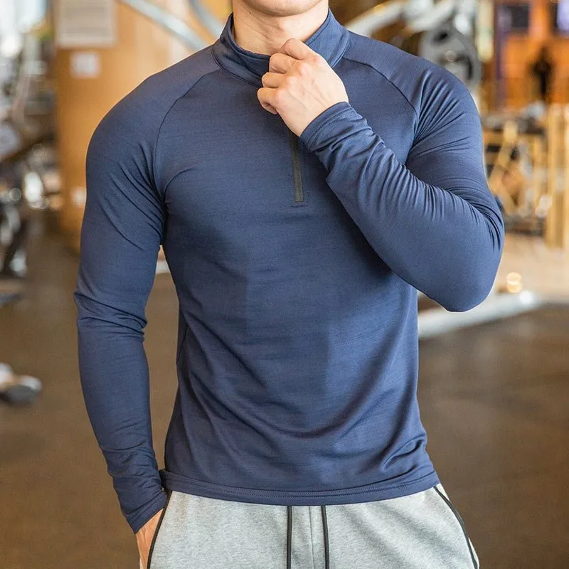 High Quality Active Wear Quater Zip Up Sweatshirts Running Men's T-shirts Workout Sportswear Long Sleeve Tight Gym T Shirt