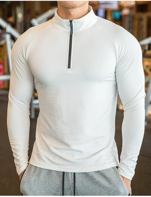 High Quality Active Wear Quater Zip Up Sweatshirts Running Men's T-shirts Workout Sportswear Long Sleeve Tight Gym T Shirt