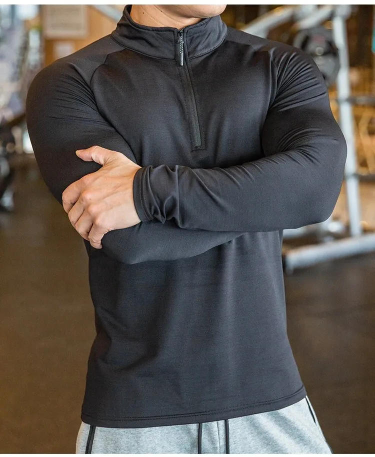 High Quality Active Wear Quater Zip Up Sweatshirts Running Men's T-shirts Workout Sportswear Long Sleeve Tight Gym T Shirt