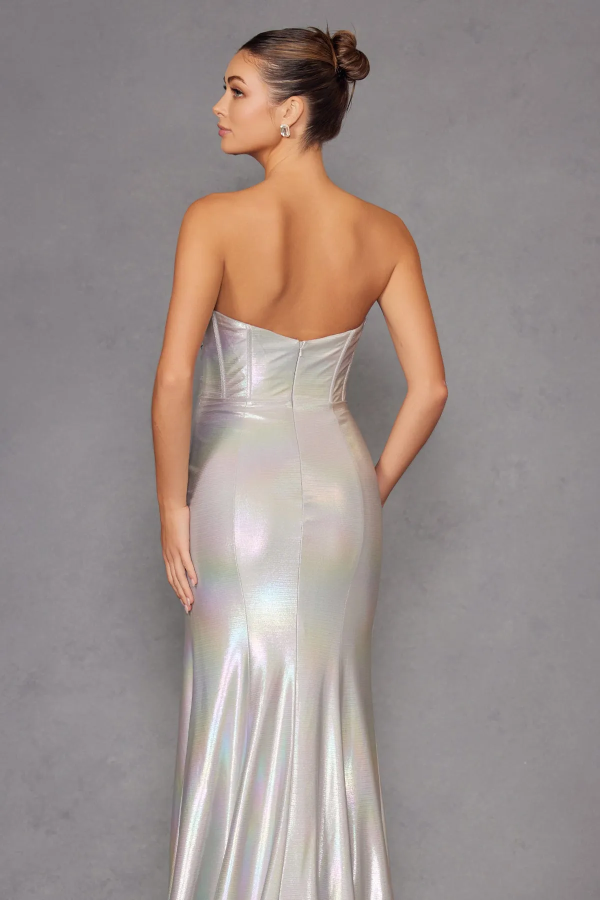 Iridescent Strapless Slit Gown by Juliet JT2579H