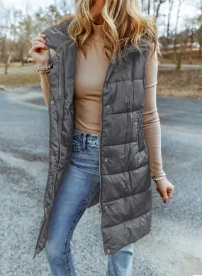 Ivy Lee Hooded Long Sleeve Zipper Quilted Vest - Gray