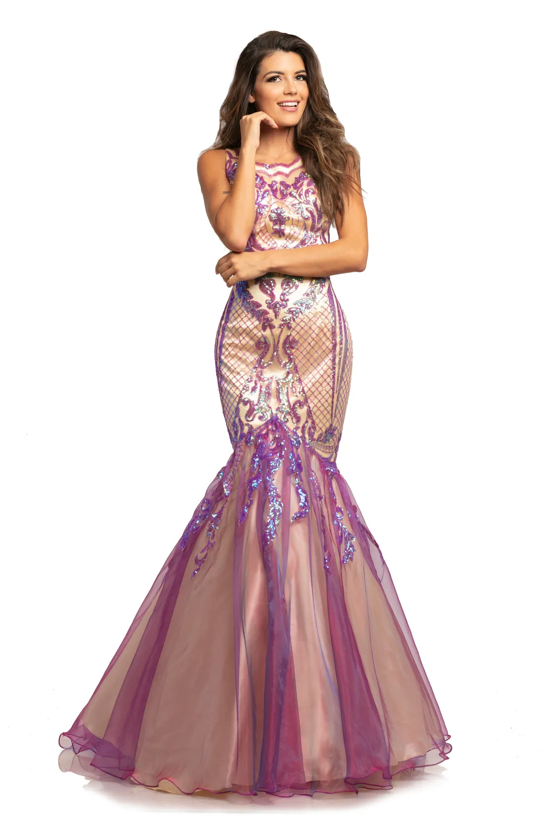 Johnathan Kayne 2018 Size 0 Navy/Multi Sequin Mermaid Iridescent Prom Dress Pageant Gown High Neck