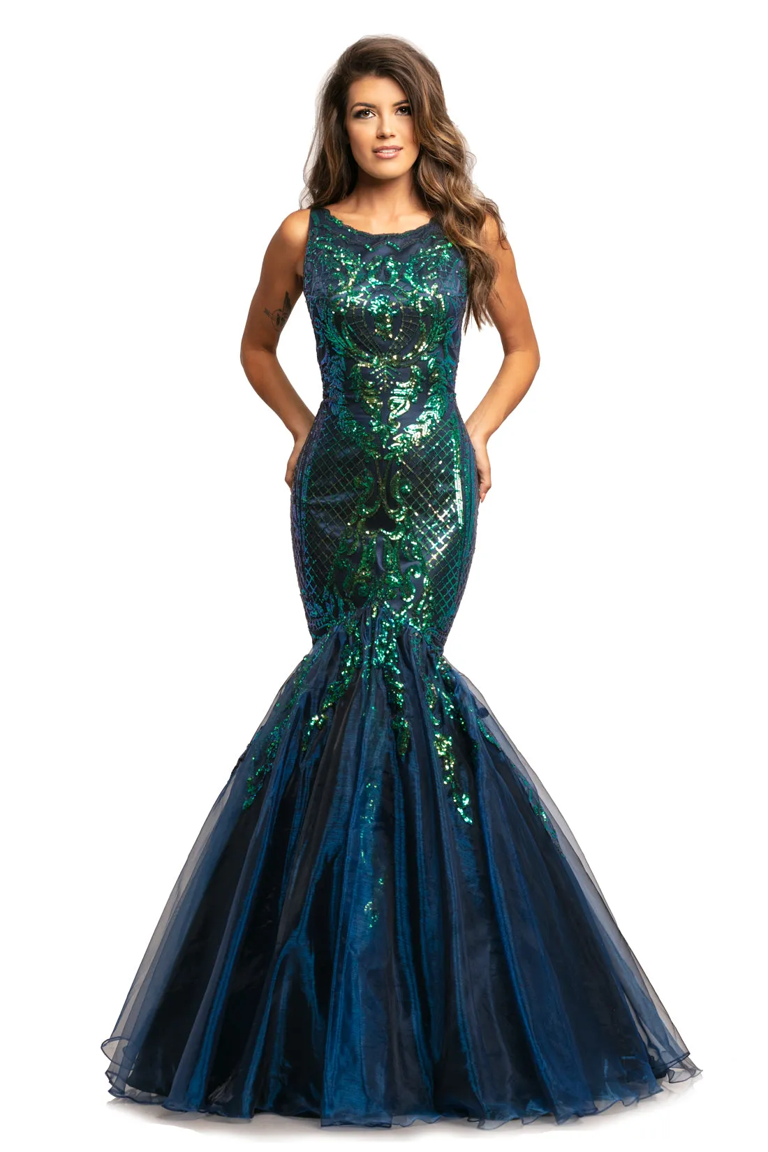 Johnathan Kayne 2018 Size 0 Navy/Multi Sequin Mermaid Iridescent Prom Dress Pageant Gown High Neck