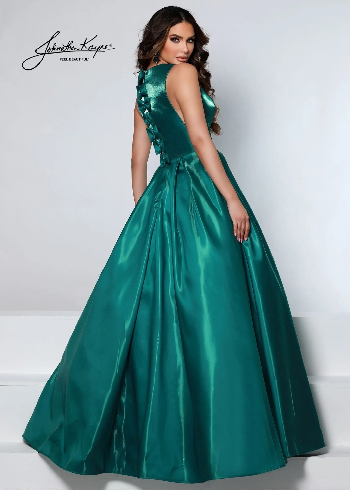 Johnathan Kayne 2550 Size 4 Royal A-Line Ballgown Satin Plunging Neckline Side Cut Outs Bows In Back Prom Gown