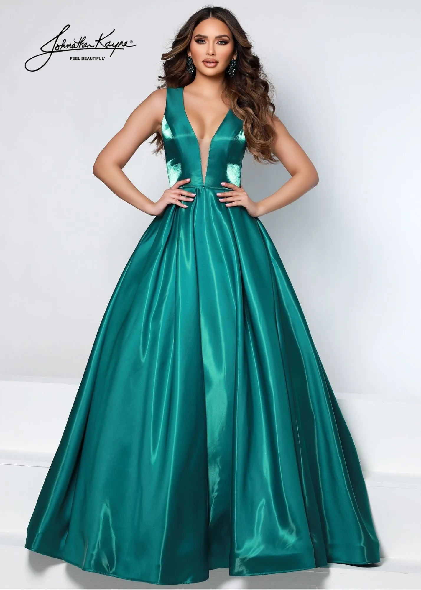 Johnathan Kayne 2550 Size 4 Royal A-Line Ballgown Satin Plunging Neckline Side Cut Outs Bows In Back Prom Gown