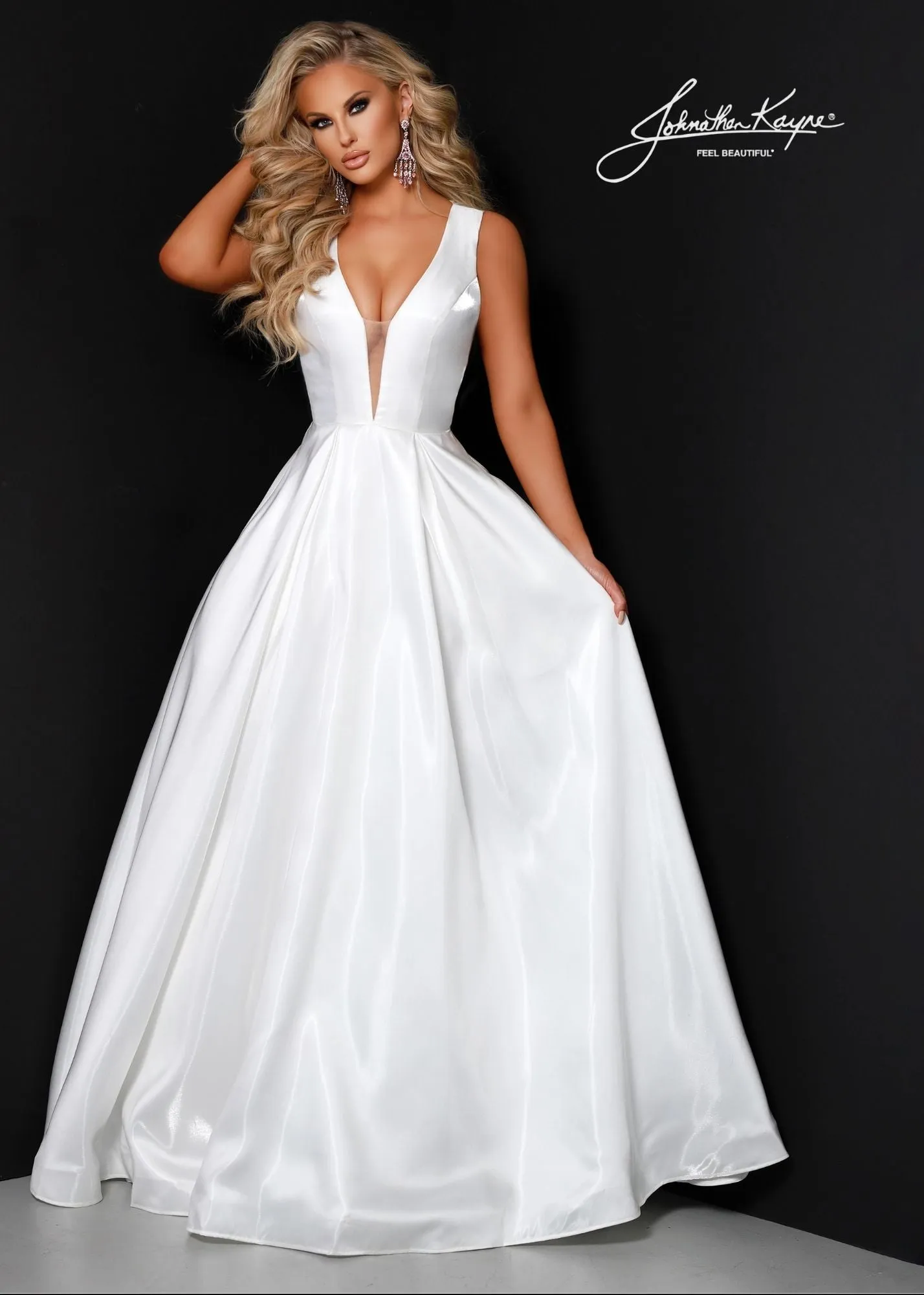 Johnathan Kayne 2550 Size 4 Royal A-Line Ballgown Satin Plunging Neckline Side Cut Outs Bows In Back Prom Gown