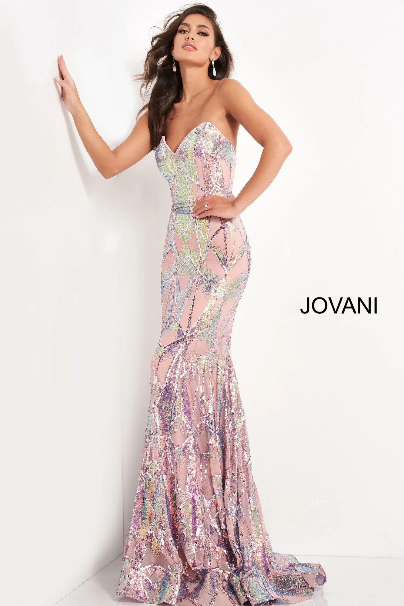 Jovani 05100 sz 8 Pink Fitted Sequin Mermaid Prom Dress Strapless Pageant Gown