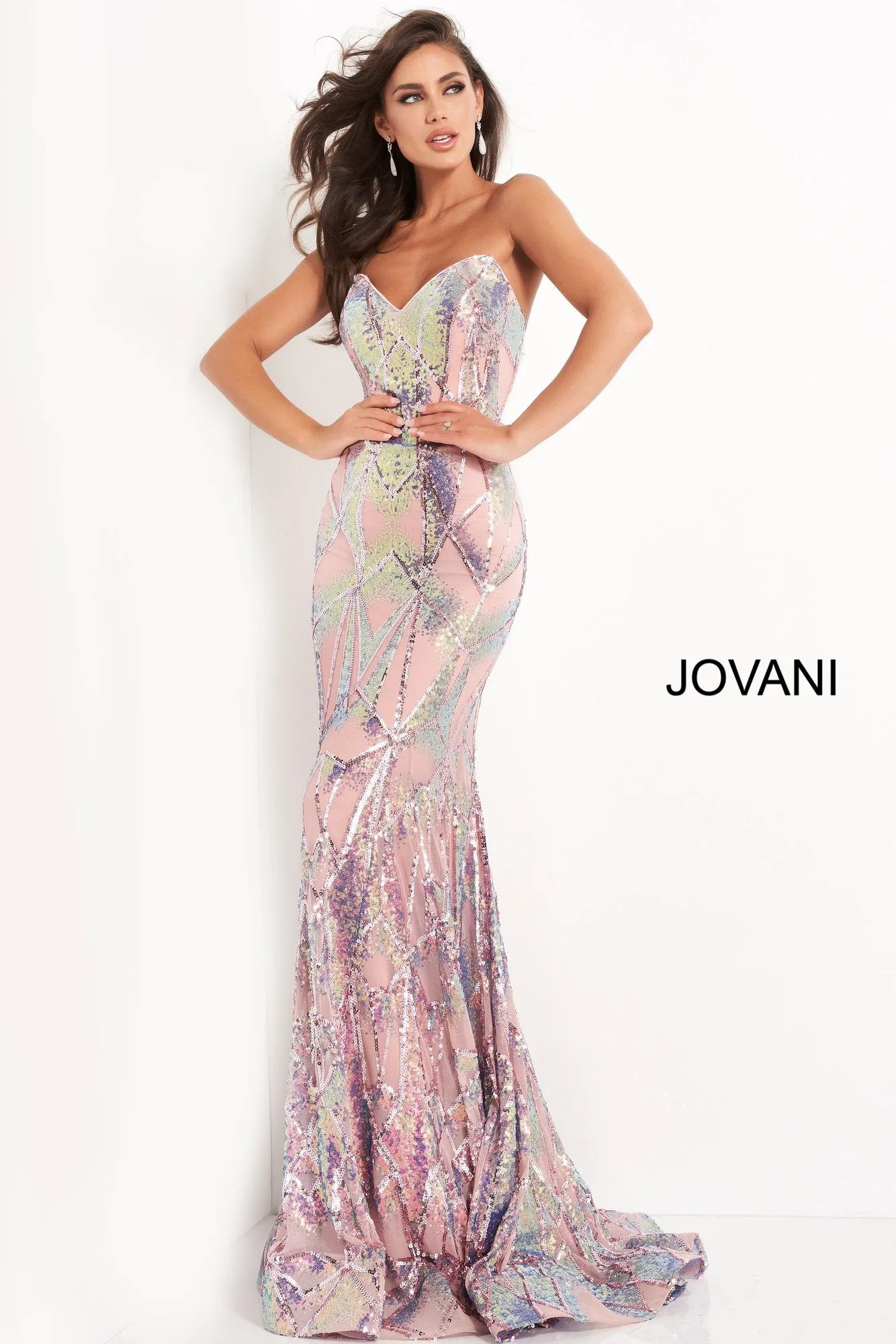 Jovani 05100 sz 8 Pink Fitted Sequin Mermaid Prom Dress Strapless Pageant Gown