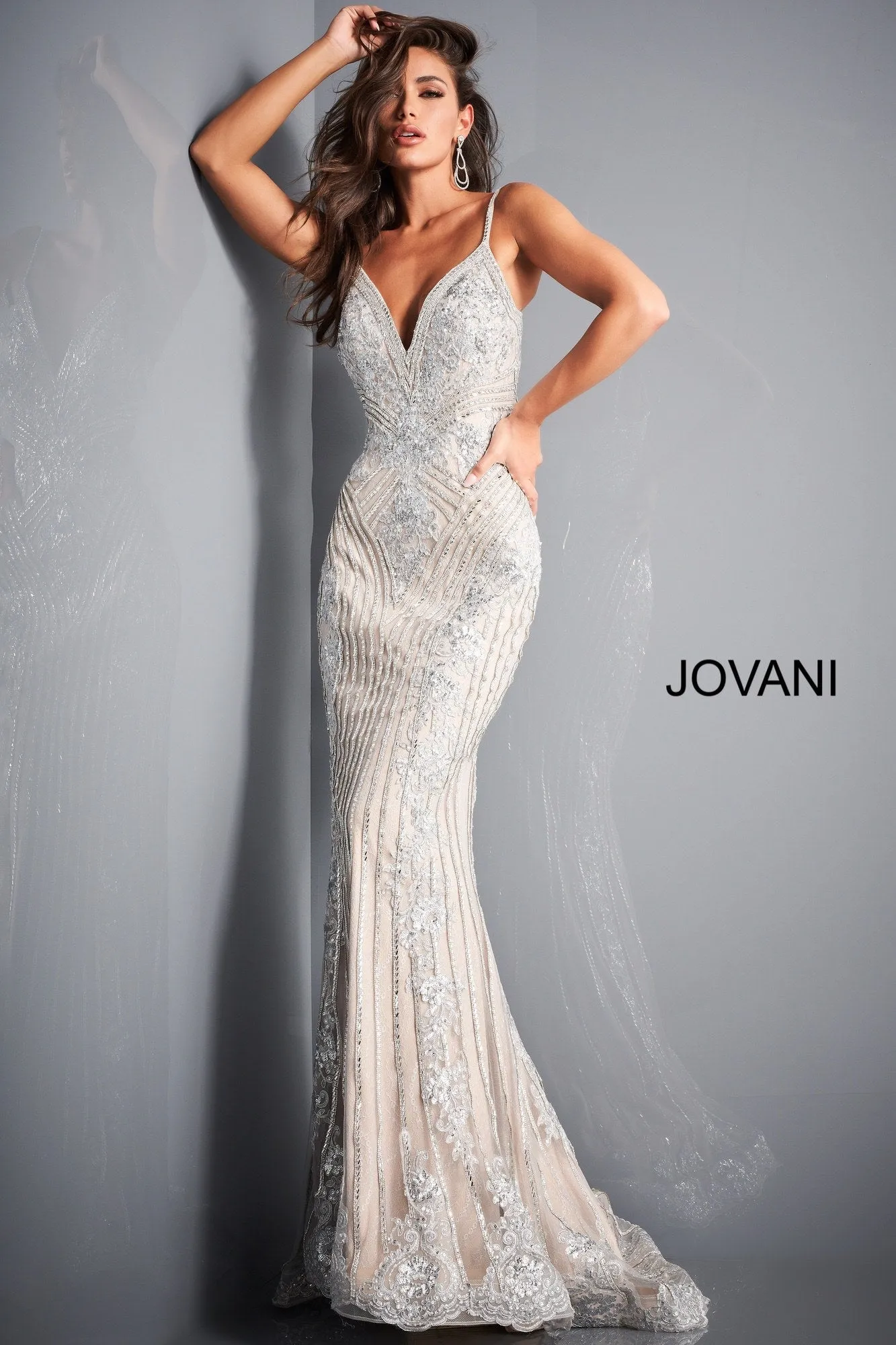Jovani 05752 Size 0 Hot Pink long embellished prom dress pageant gown v neckline lace spaghetti straps