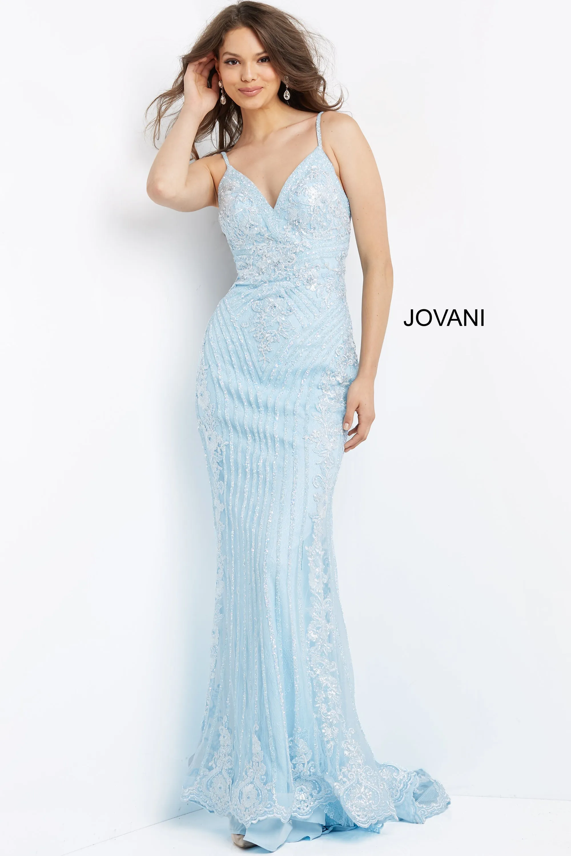 Jovani 05752 Size 0 Hot Pink long embellished prom dress pageant gown v neckline lace spaghetti straps