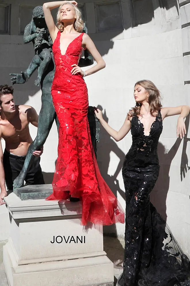 Jovani 60283 size 10 Red sequin floral Lace sheer prom dress Sexy formal gown