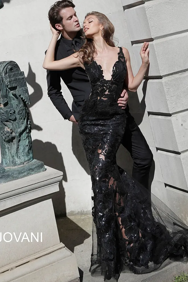 Jovani 60283 size 10 Red sequin floral Lace sheer prom dress Sexy formal gown