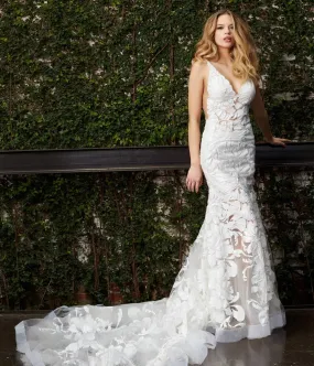 Jovani Bridal JB04192 White Wedding Dress Sequin Floral Sheer Lace V Neck Fitted Bridal Gown
