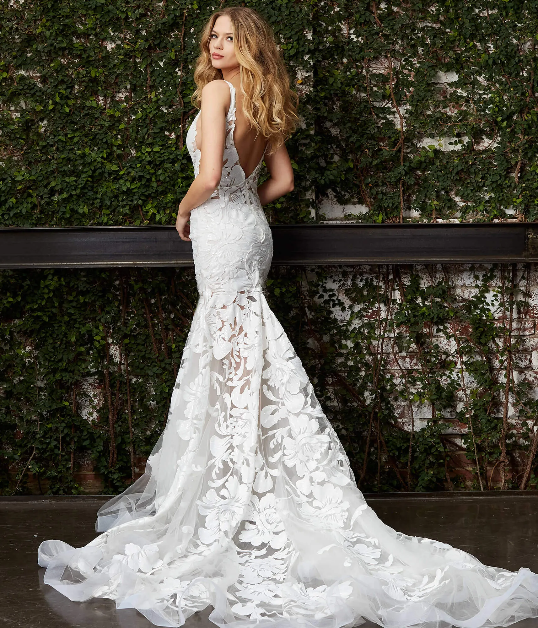 Jovani Bridal JB04192 White Wedding Dress Sequin Floral Sheer Lace V Neck Fitted Bridal Gown