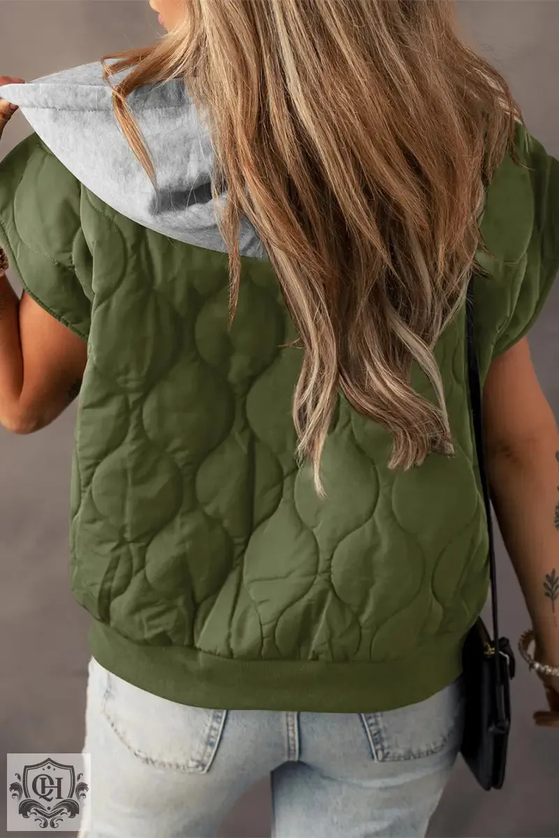 Jungle Green Quilted Drawstring Hooded Zip Up Puffer Vest