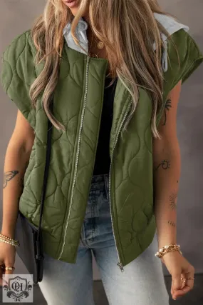 Jungle Green Quilted Drawstring Hooded Zip Up Puffer Vest