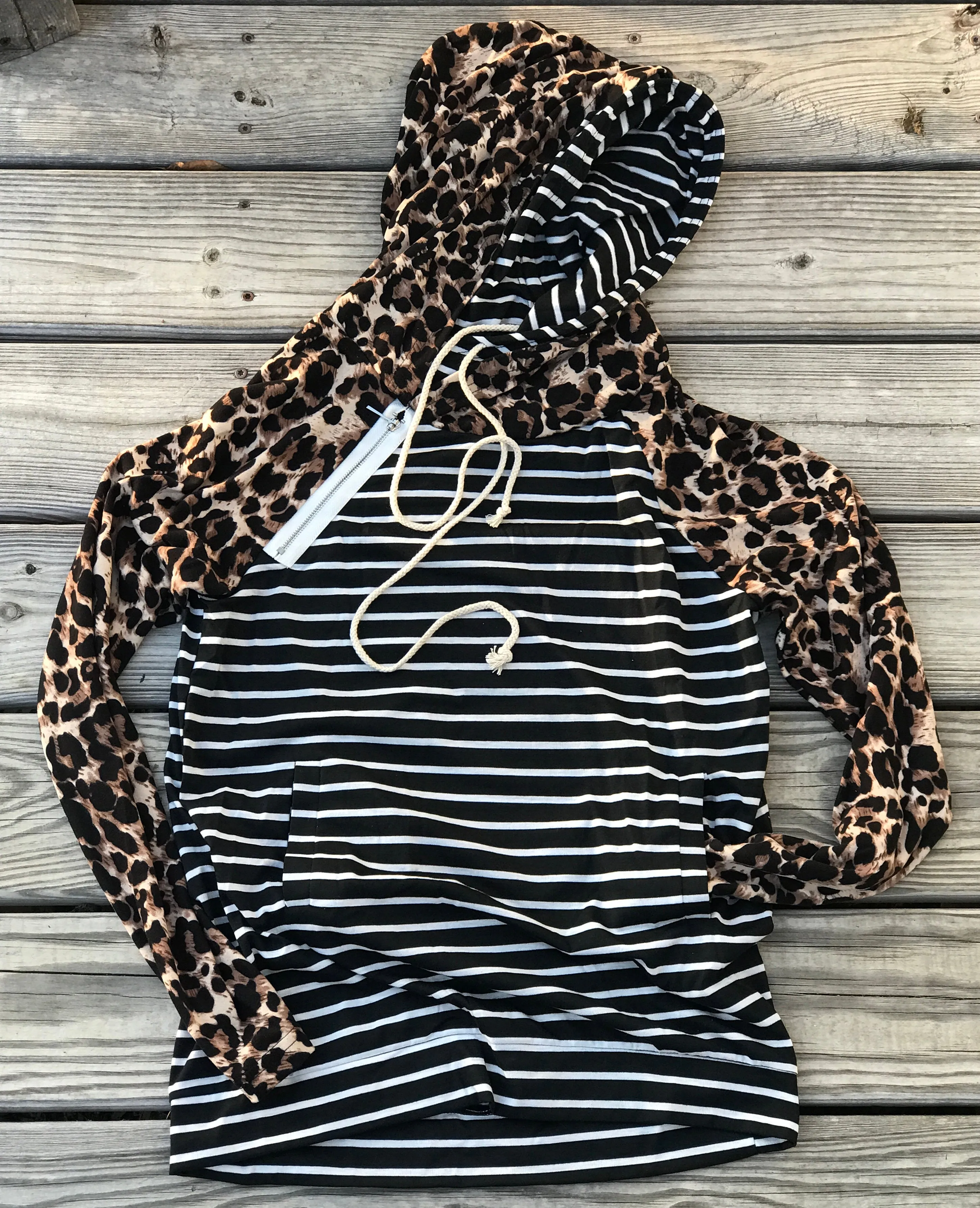 Leopard Sleeved Double Hoodie