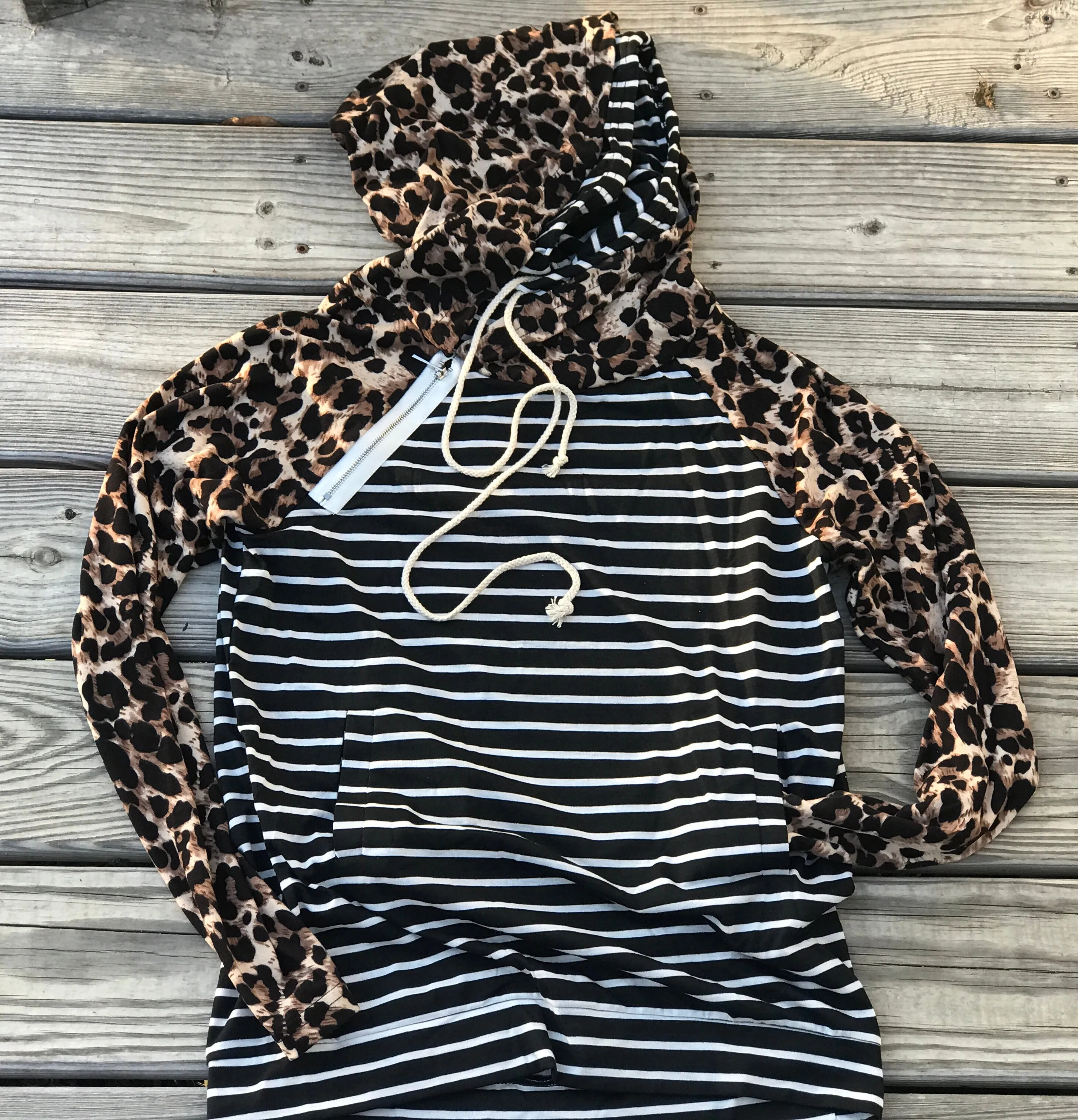 Leopard Sleeved Double Hoodie