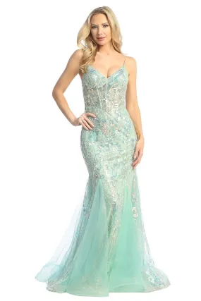 LF 7882 - Iridescent Sequin Embellished Fit & Flare Prom Gown with Sheer Boned Bodice