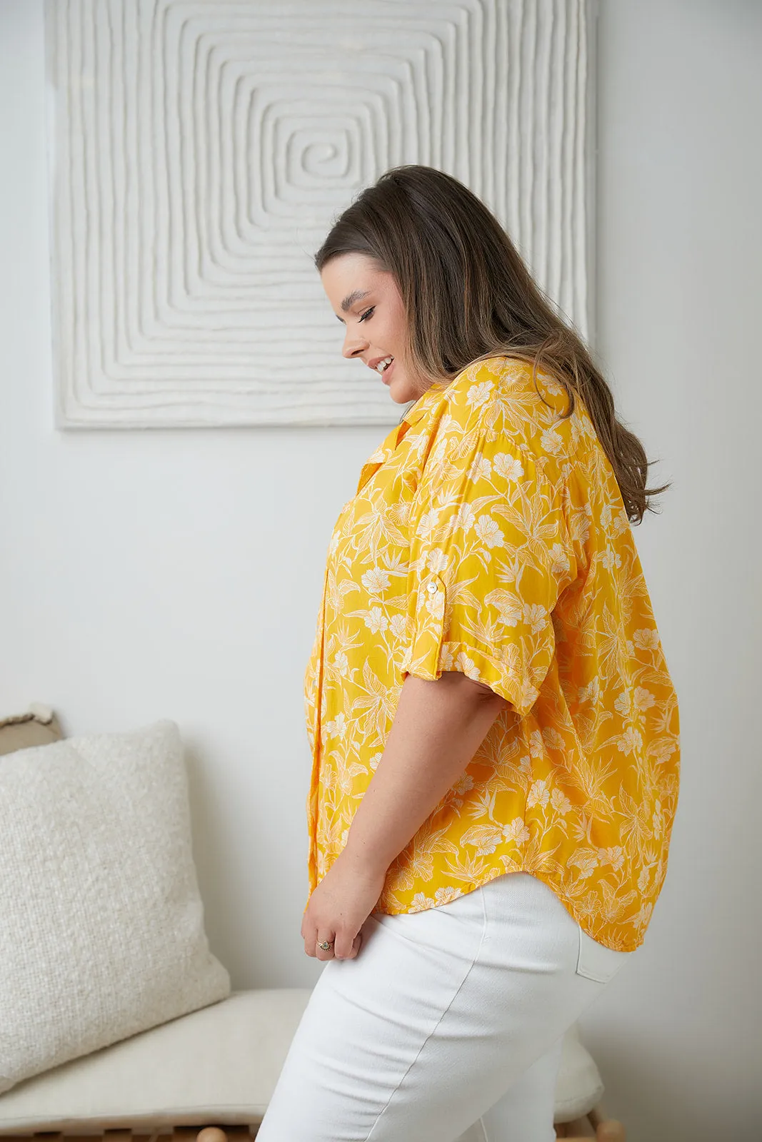 Lightweight Tangerine Floral Button Up Blouse