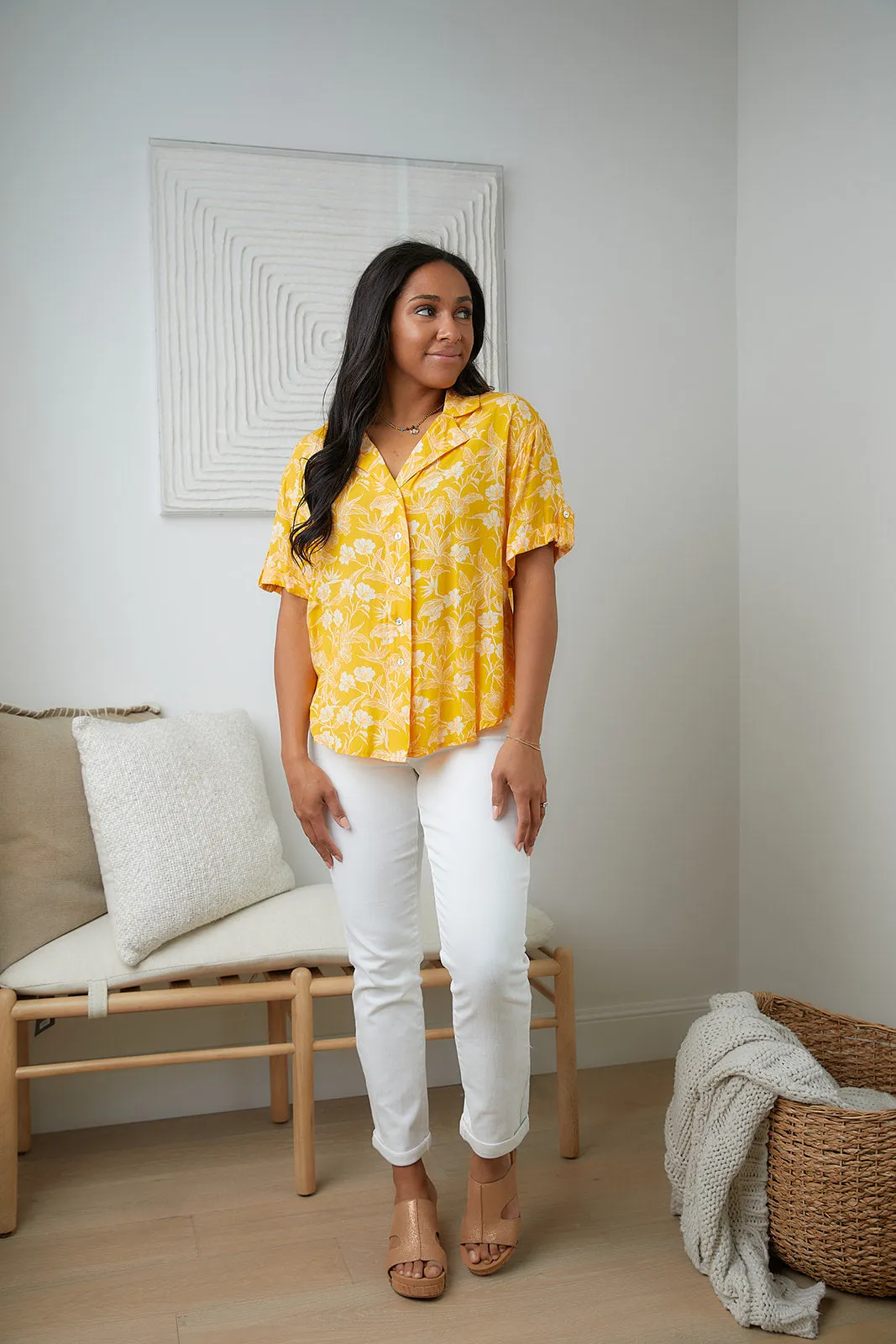 Lightweight Tangerine Floral Button Up Blouse