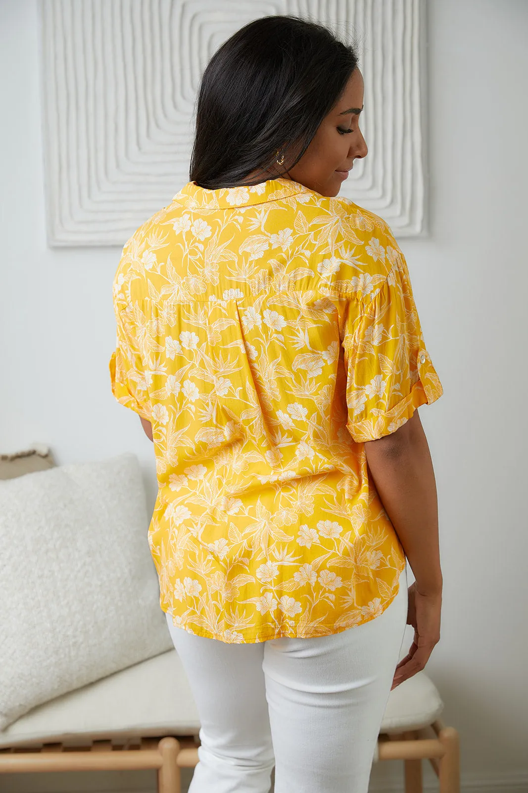 Lightweight Tangerine Floral Button Up Blouse