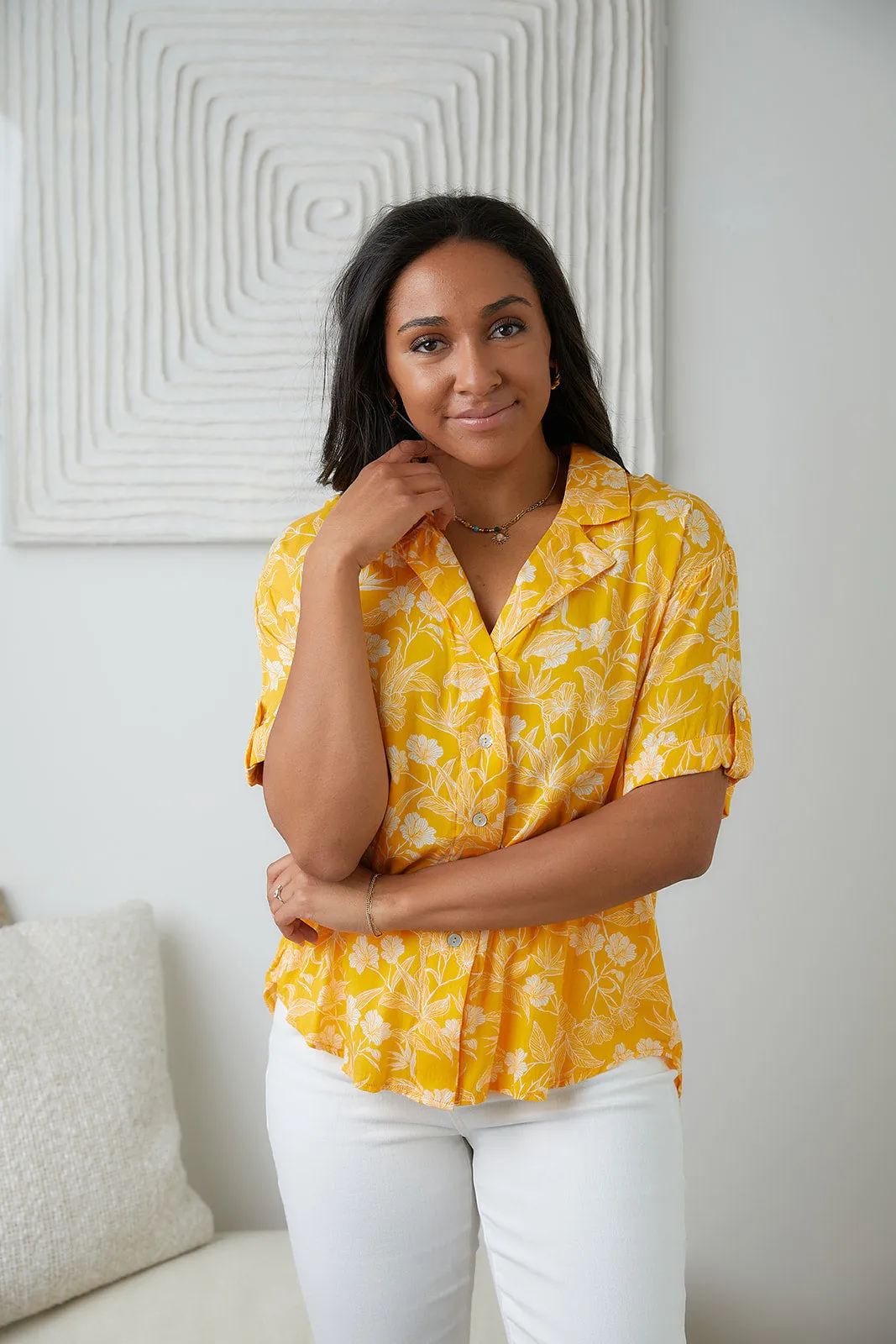 Lightweight Tangerine Floral Button Up Blouse