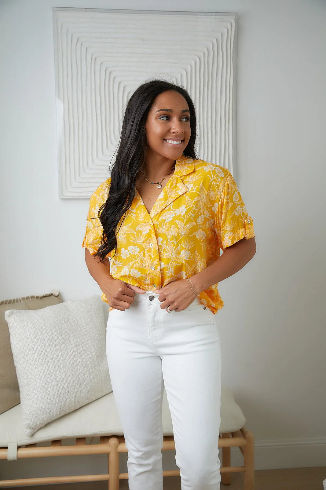 Lightweight Tangerine Floral Button Up Blouse