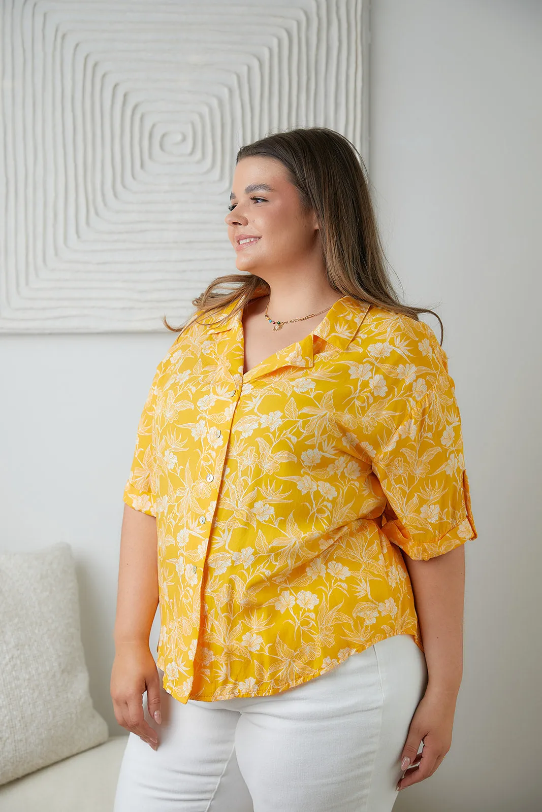 Lightweight Tangerine Floral Button Up Blouse