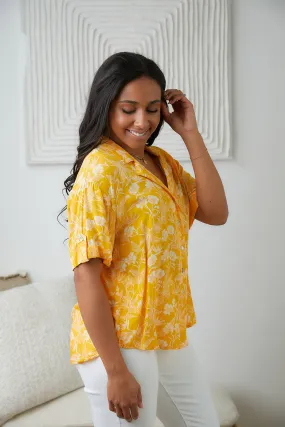 Lightweight Tangerine Floral Button Up Blouse